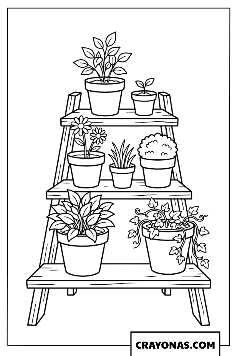 Tiered Plant Stand with Potted Flowers Coloring Page
