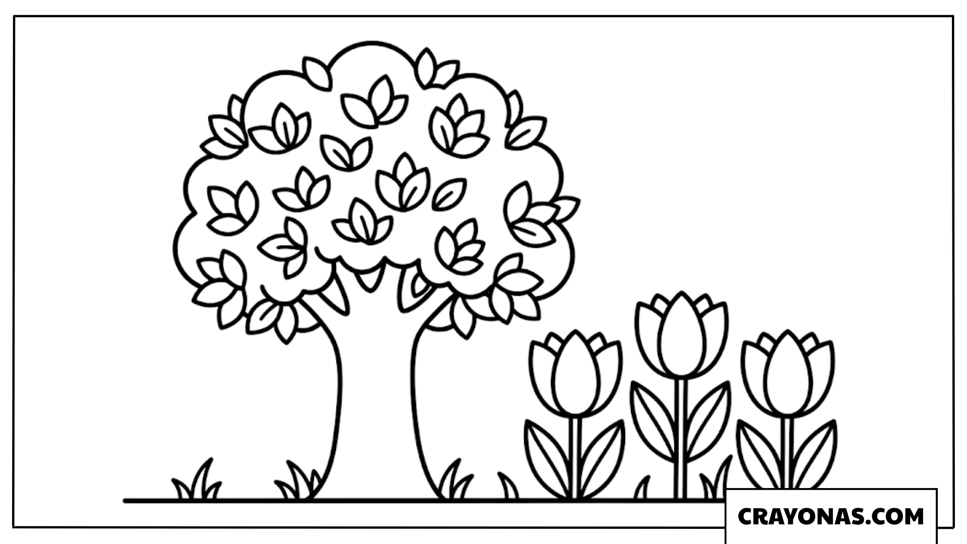 Tree and Tulips Coloring Page