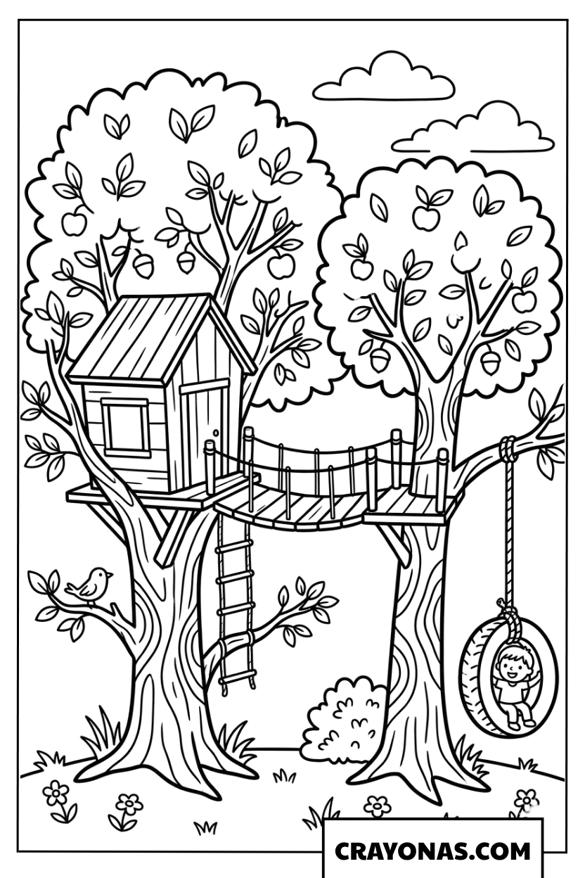 Treehouse with Swing Coloring Page