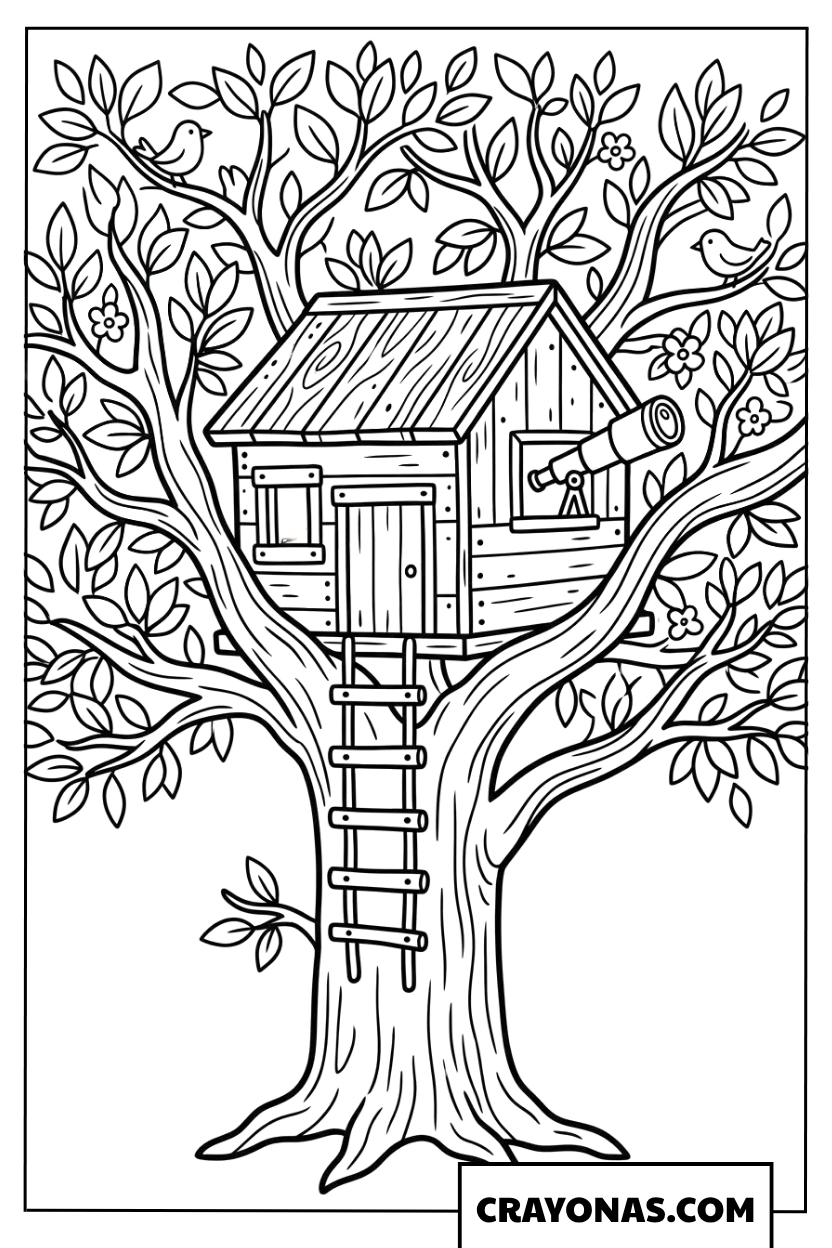 Treehouse with Telescope Coloring Page