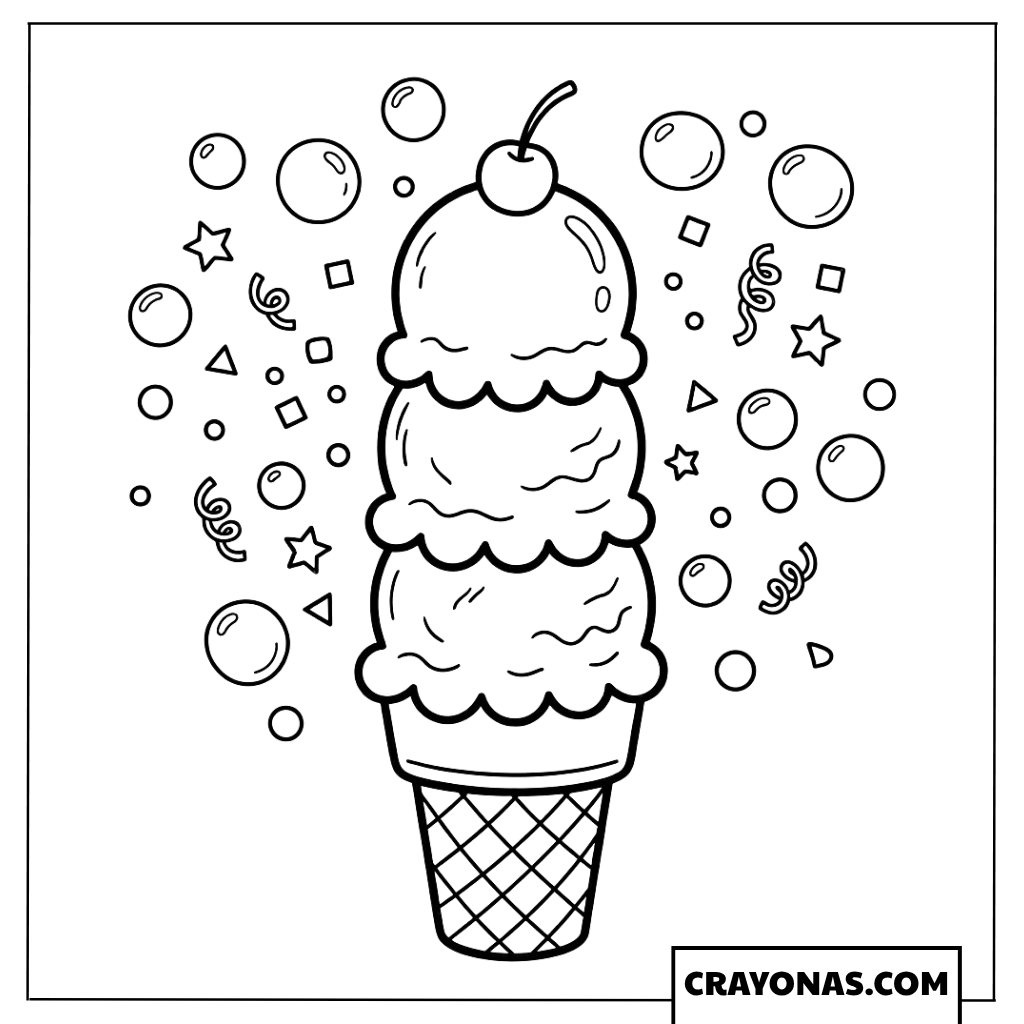 Triple Scoop Ice Cream Cone with Bubbles and Stars Coloring Page