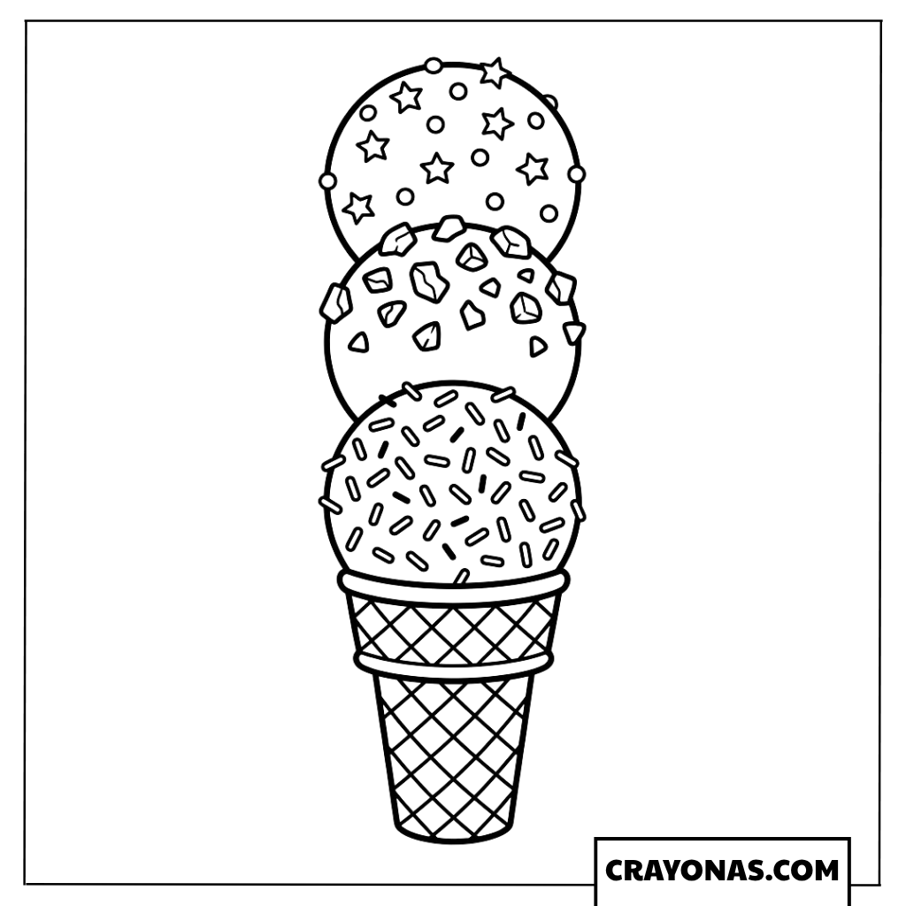 Triple Scoop Ice Cream Cone with Stars and Sprinkles Coloring Page