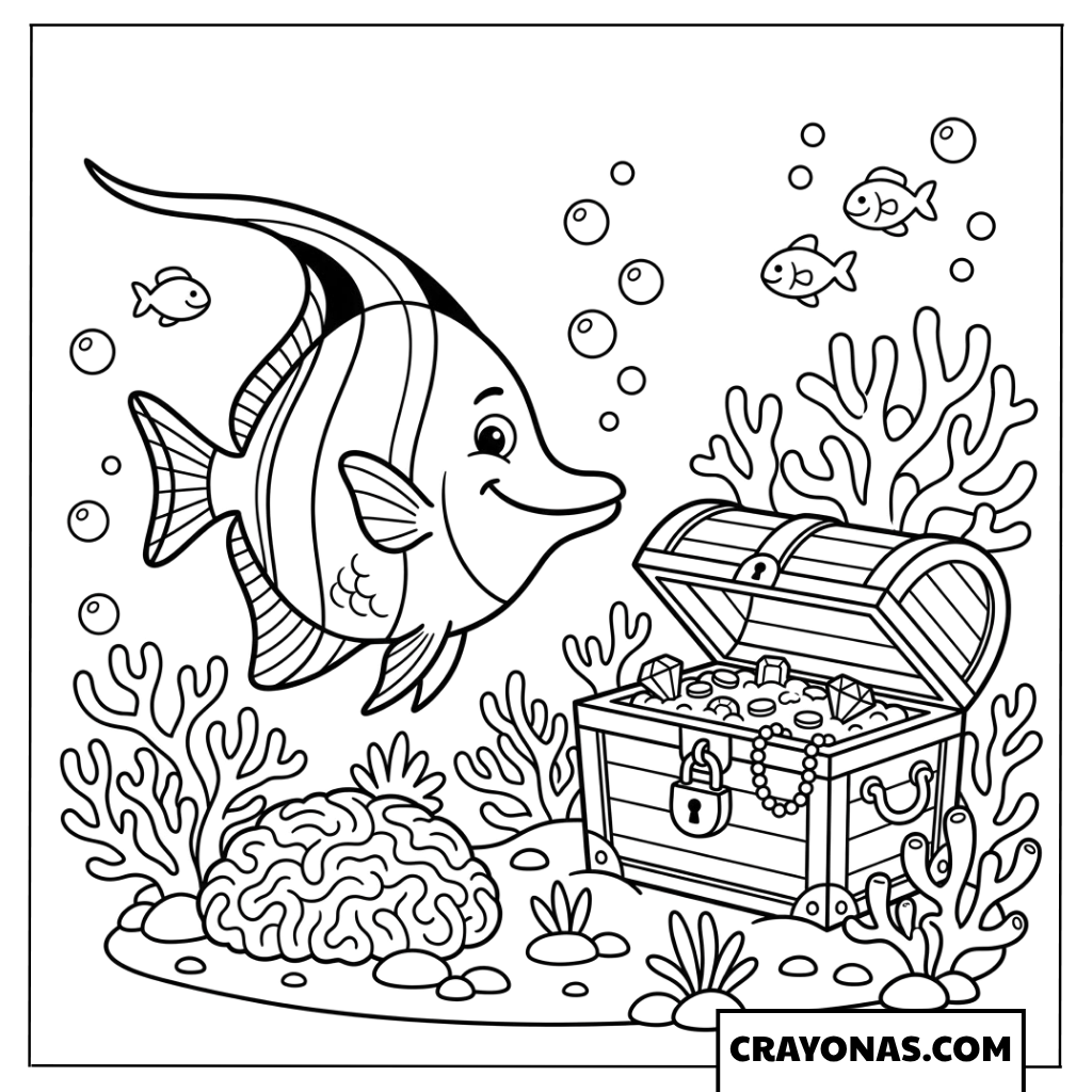 Tropical Fish and Treasure Chest Coloring Page