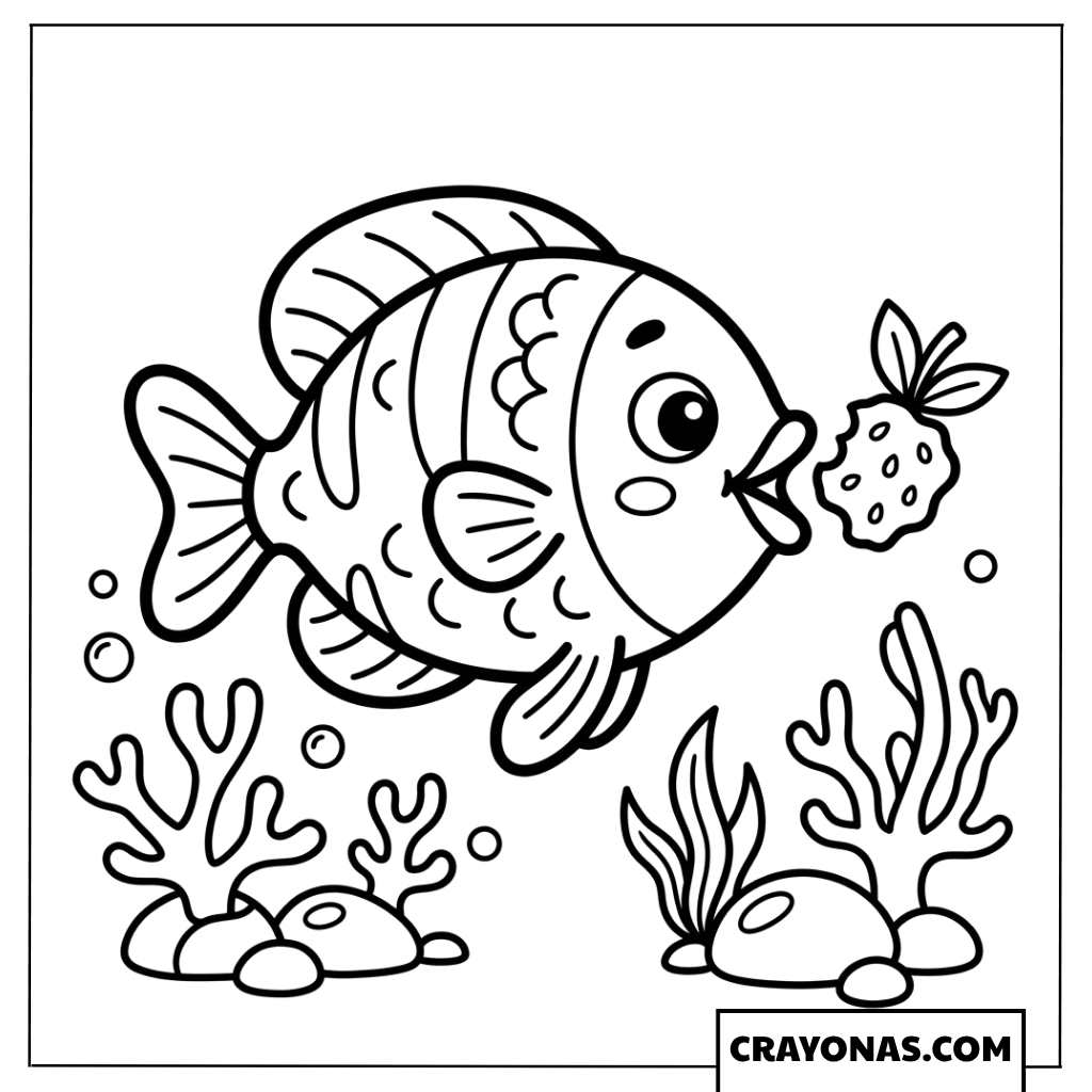 Tropical Fish with Strawberry Coloring Page