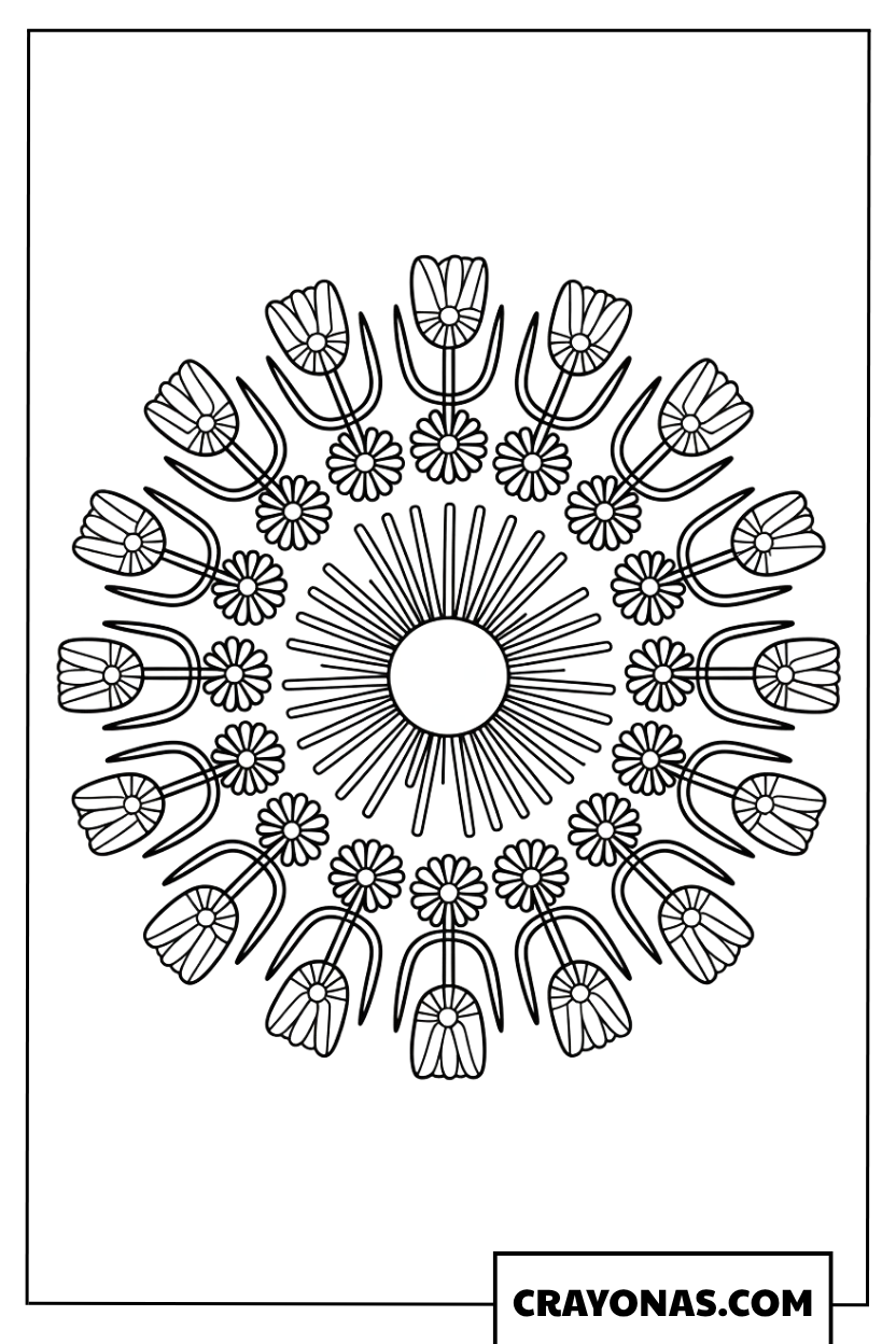 Tulip Sunburst Mandala Coloring Page