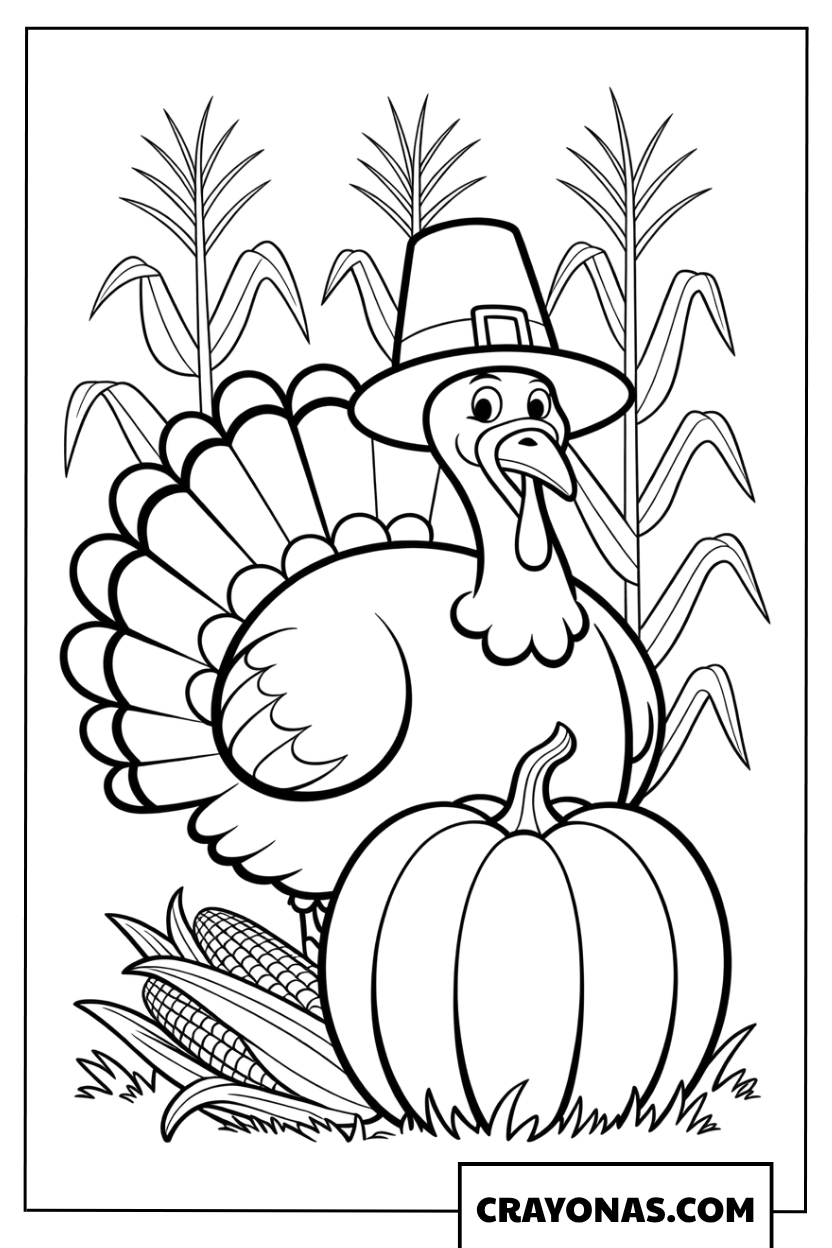 Turkey Pilgrim Hat with Pumpkin Coloring Page