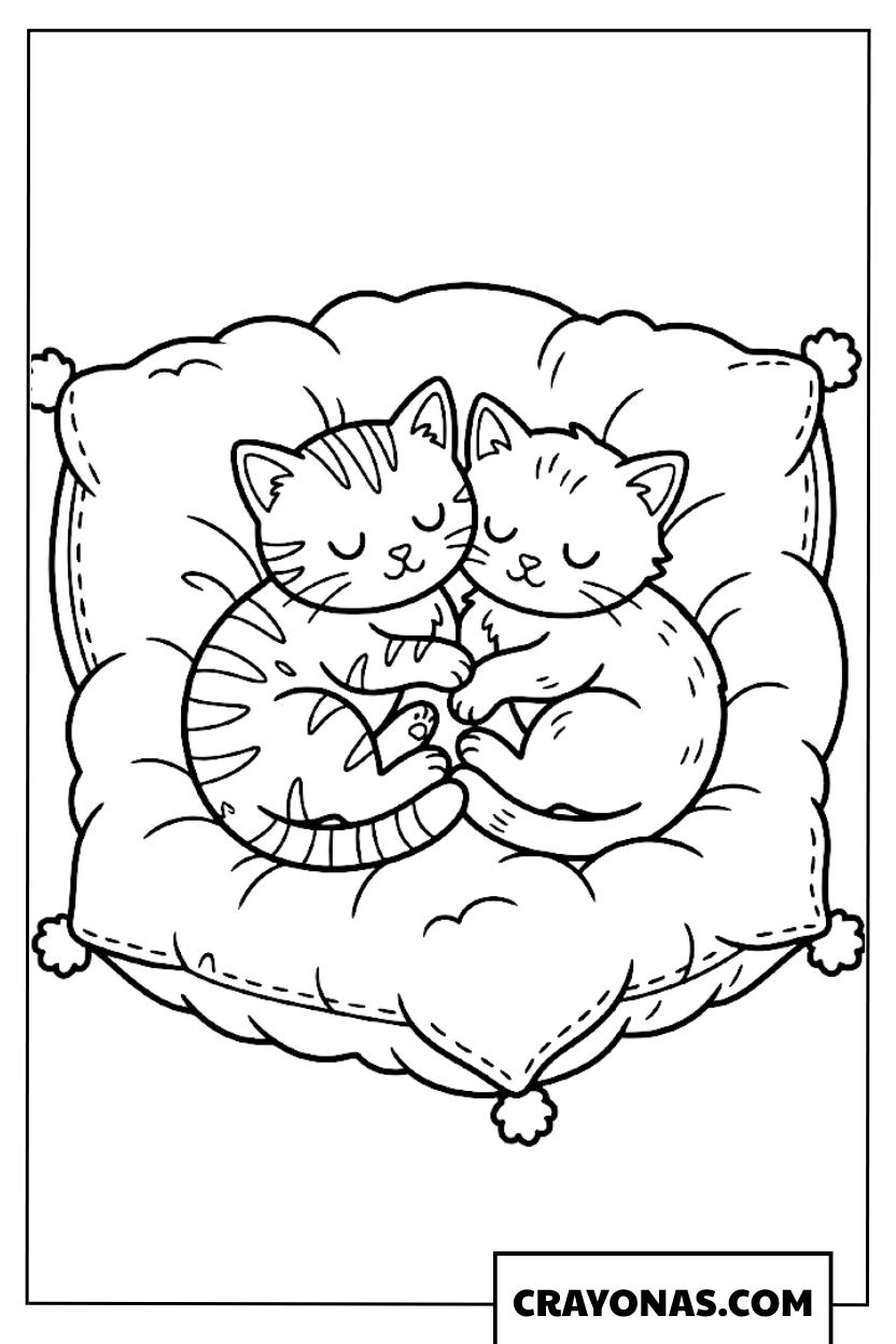 Two Cuddling Kittens on Pillow Coloring Page