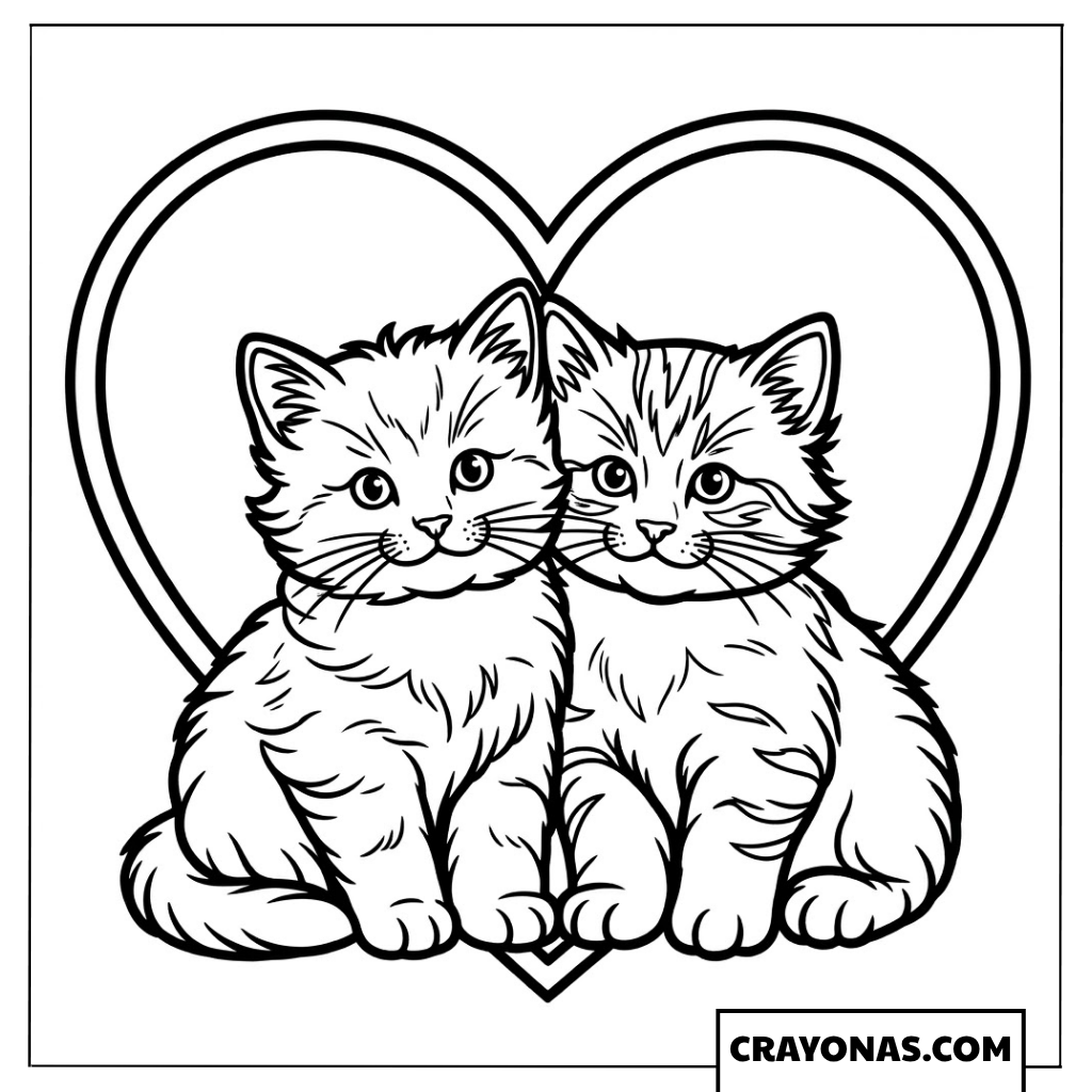 Two Kittens in Heart Frame Coloring Page