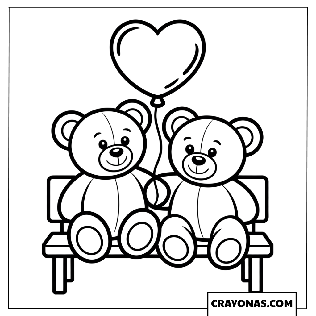 Two Teddy Bears Valentine Coloring Page