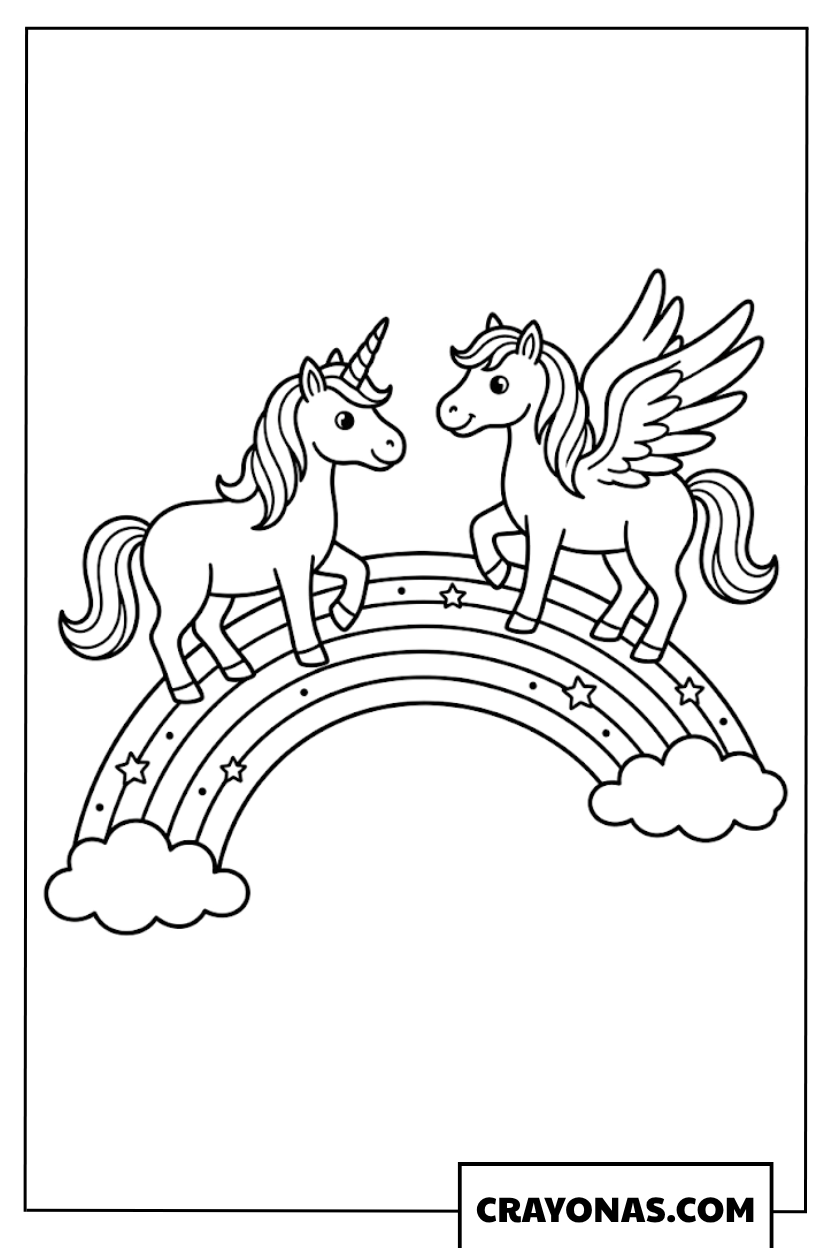 Two Unicorns on Rainbow Coloring Page