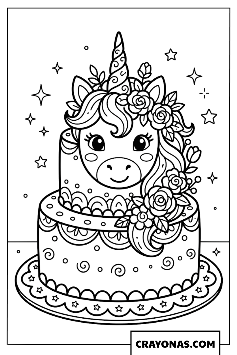 Unicorn Birthday Cake Coloring Page