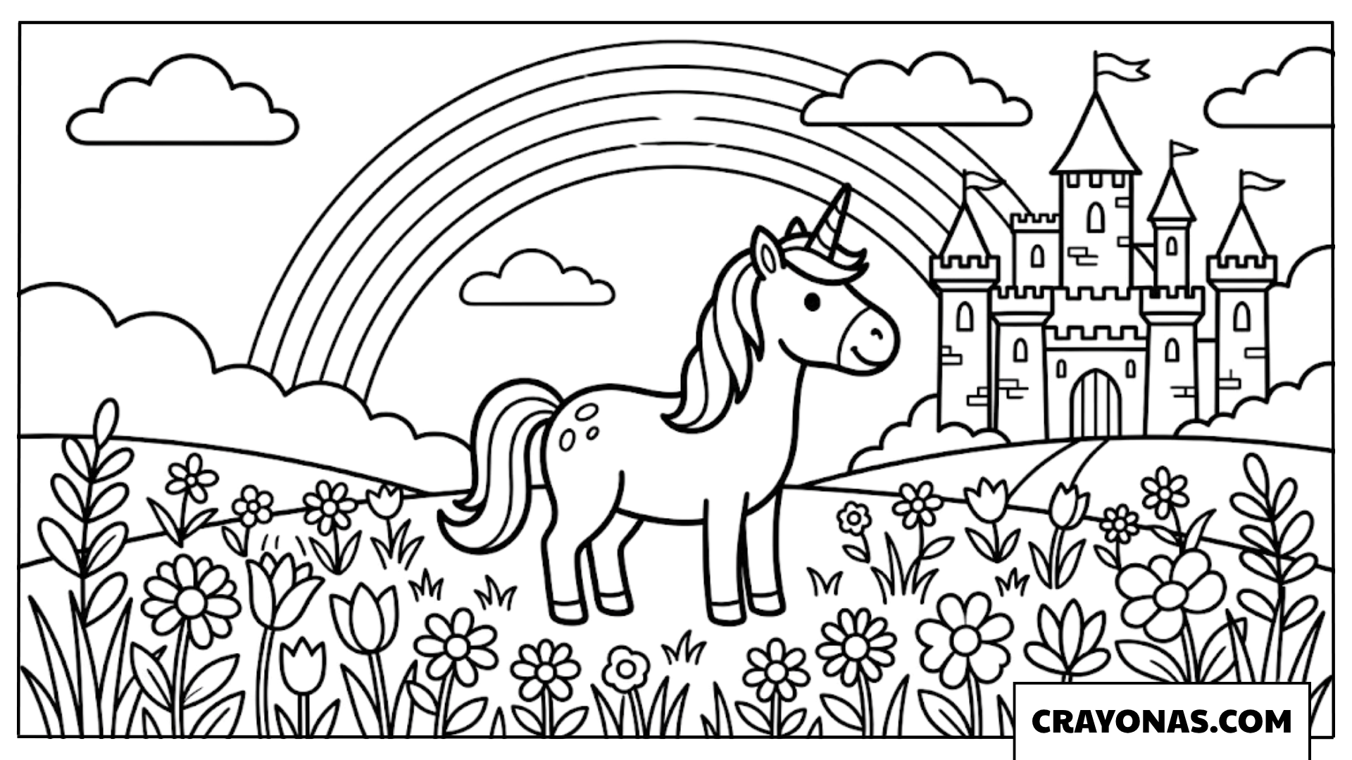 Unicorn Castle Flower Field Coloring Page