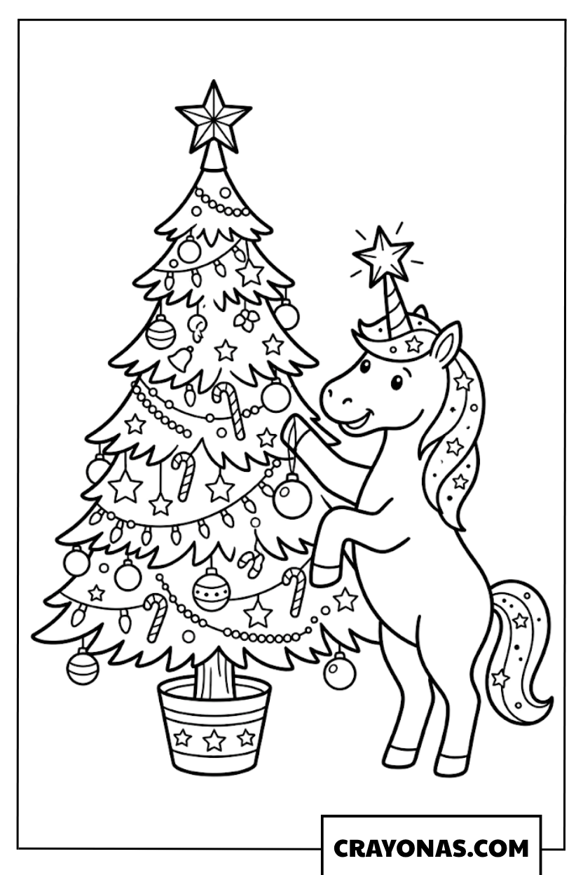 Unicorn Christmas Tree Coloring Page