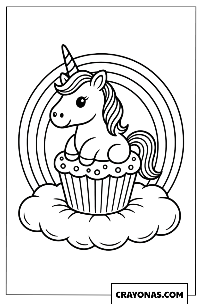 Unicorn Cupcake on Cloud Coloring Page