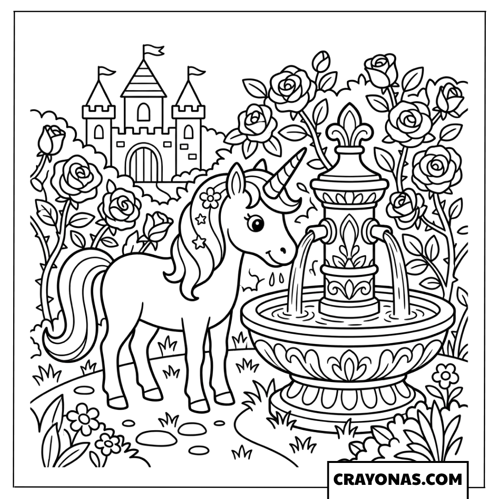 Unicorn Garden Fountain Coloring Page
