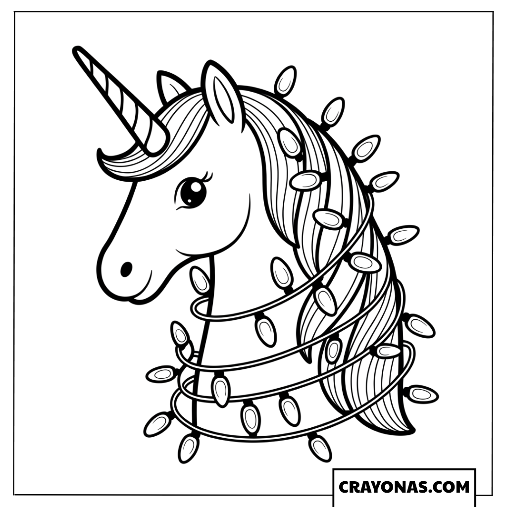 Unicorn Head with Christmas Lights Coloring Page