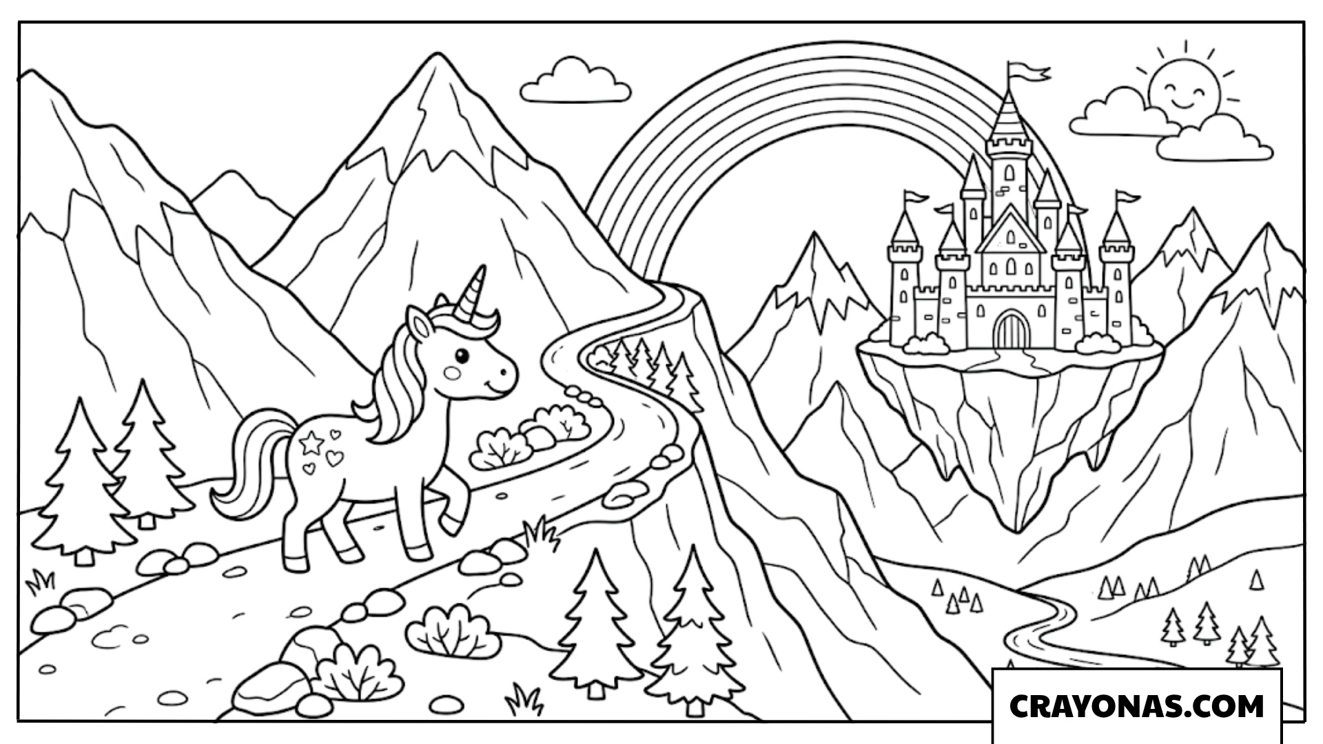 Unicorn Mountain Castle Coloring Page