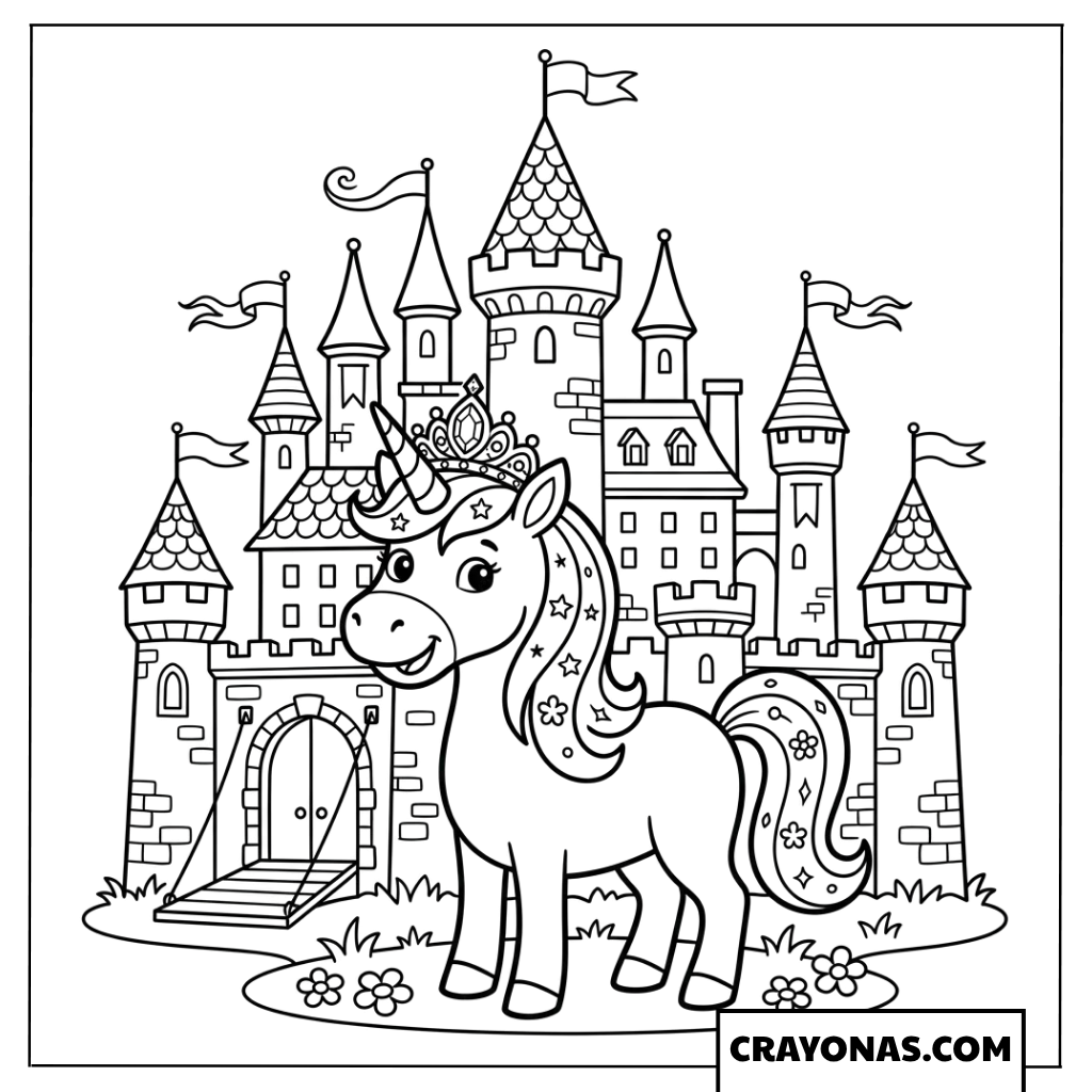 Unicorn Princess Castle Coloring Page