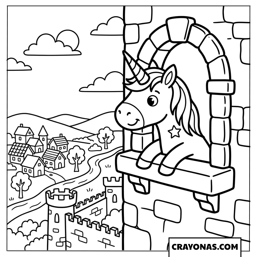 Unicorn Princess Tower Coloring Page