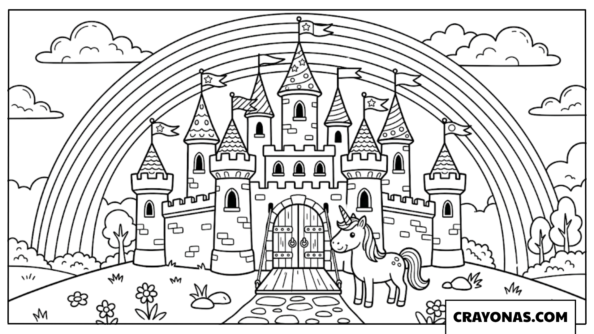 Unicorn Rainbow Castle Coloring Page