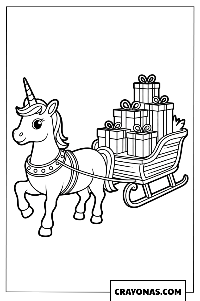 Unicorn Sleigh Coloring Page