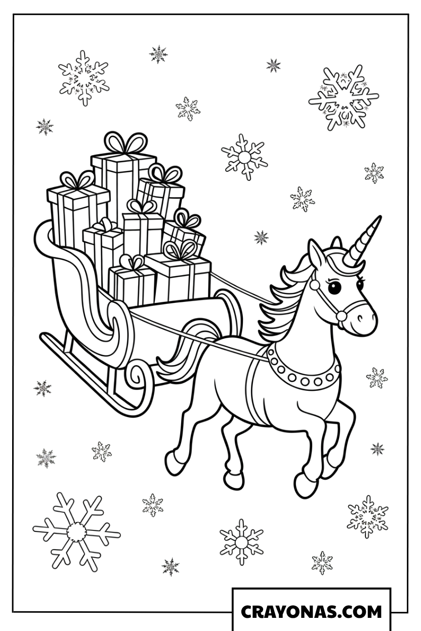 Unicorn Sleigh Coloring Page
