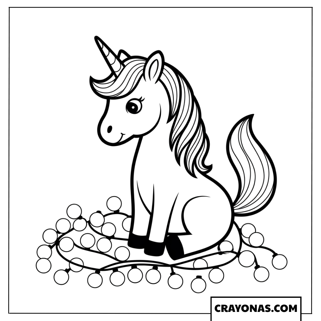Unicorn Wrapped in Lights Coloring Page