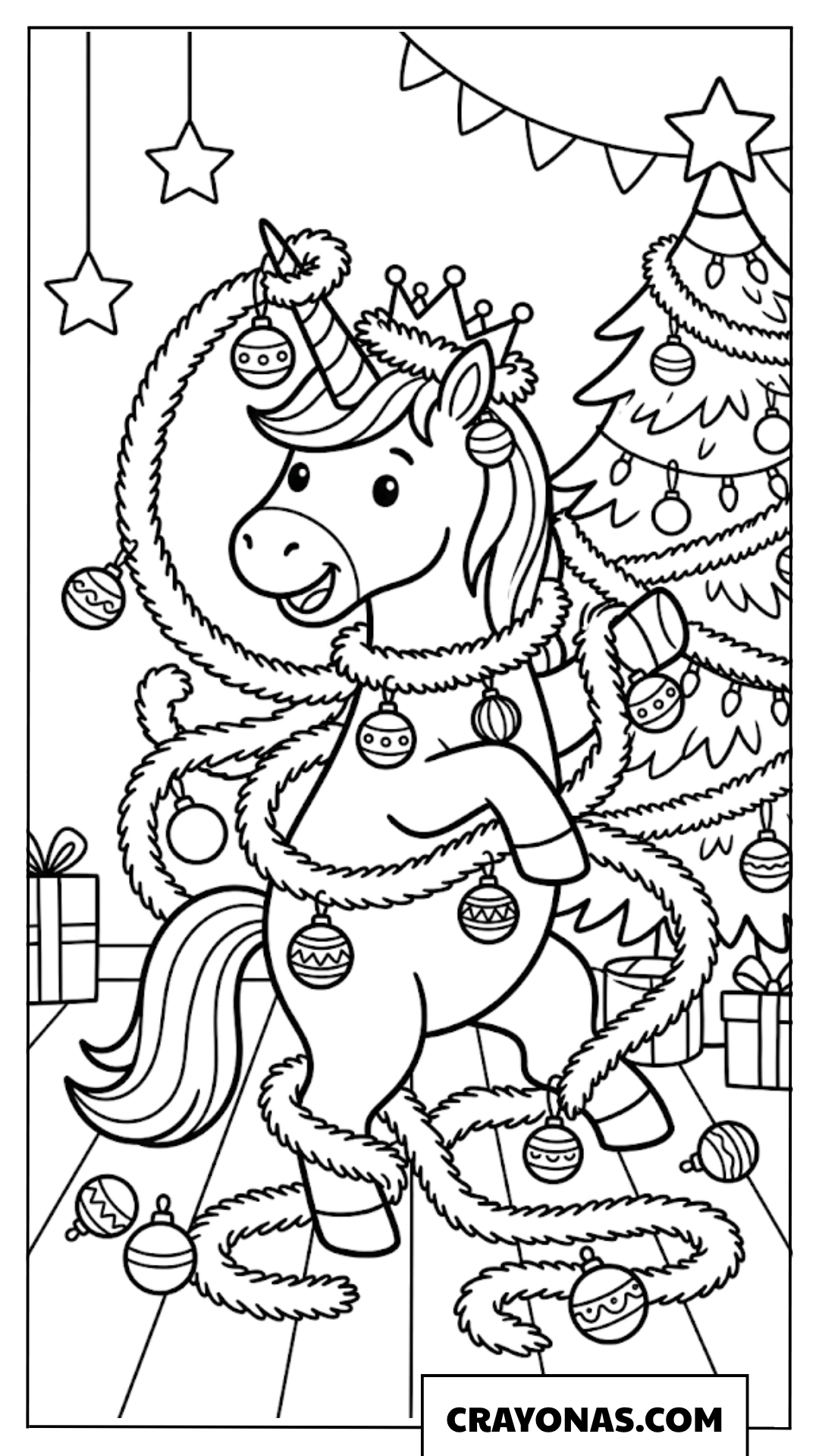 Unicorn Wrapping Christmas Tree Coloring Page