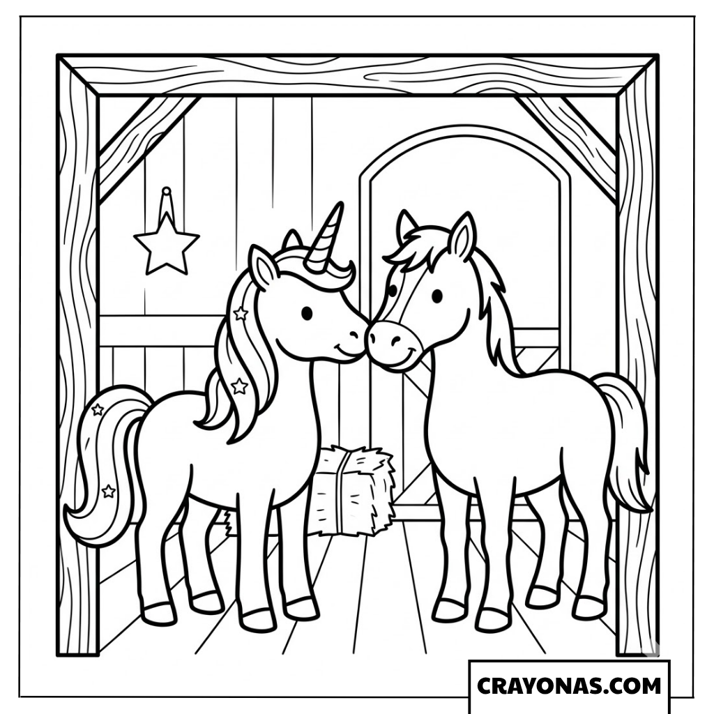 Unicorn and Horse at Barn Door Coloring Page