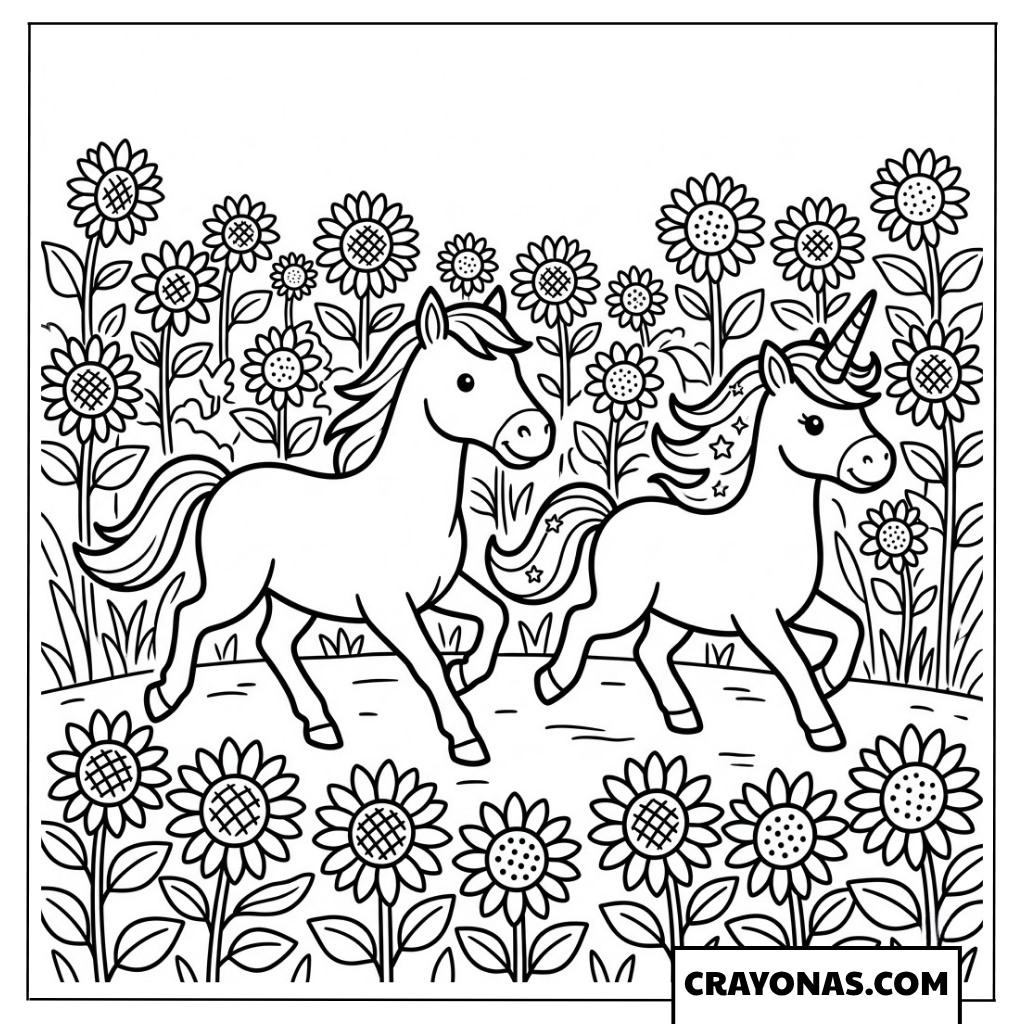 Unicorn and Horse in Sunflower Field Coloring Page