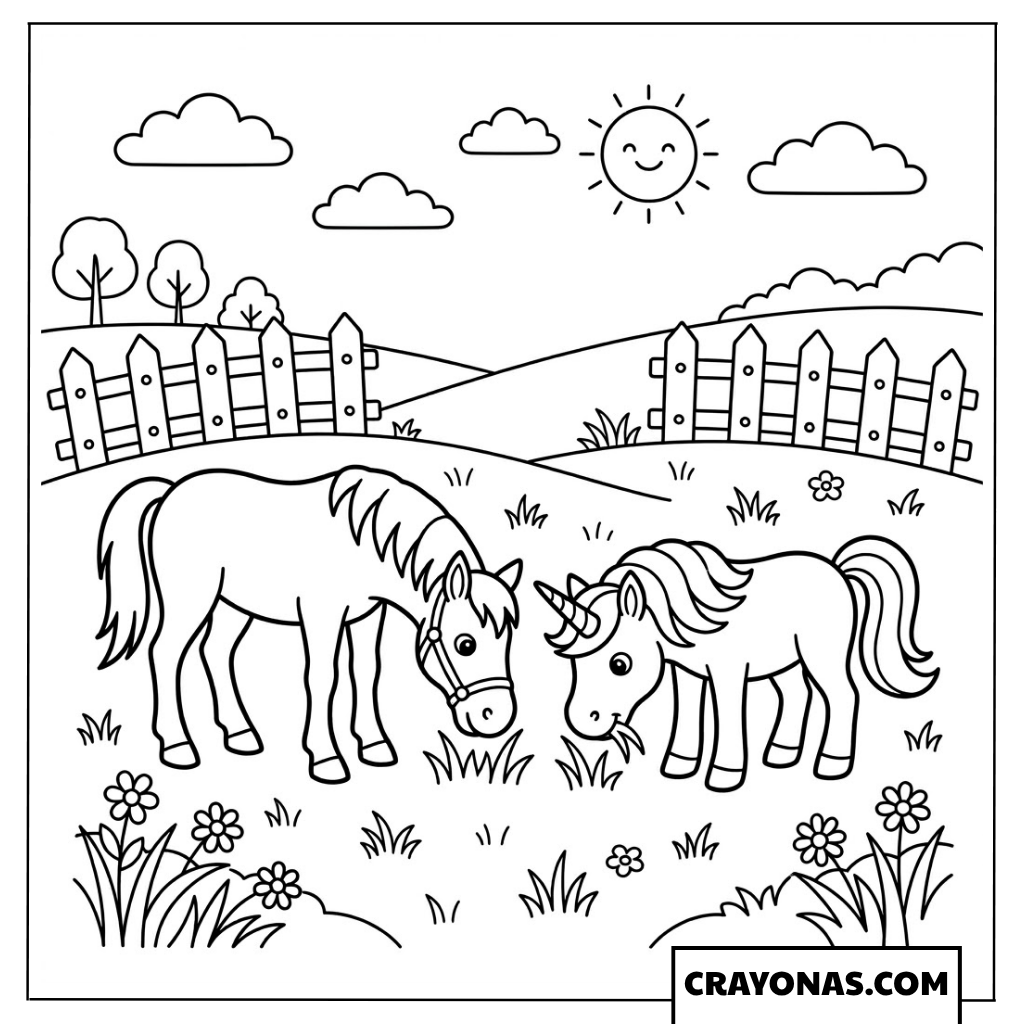 Unicorn and Horse in Sunny Meadow Coloring Page