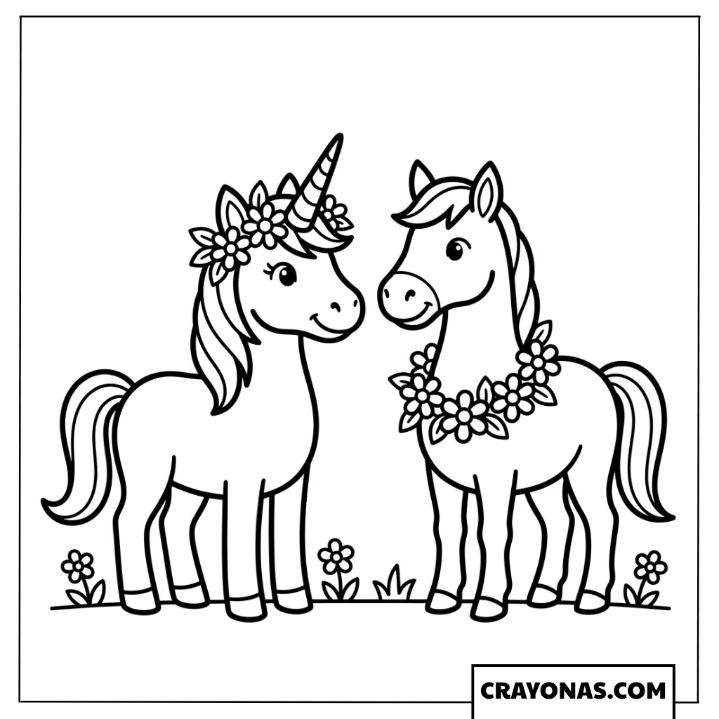 Unicorn and Horse with Flower Crowns Coloring Page