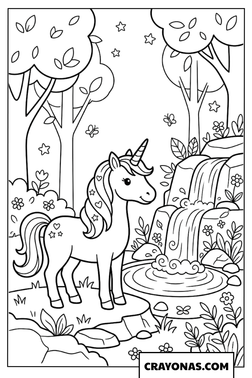 Unicorn by Waterfall Coloring Page