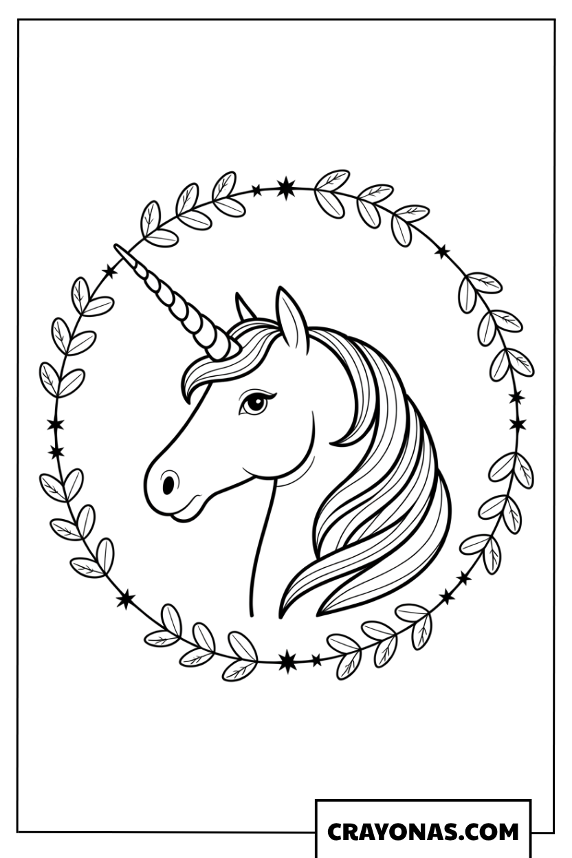 Unicorn in Laurel Wreath Coloring Page