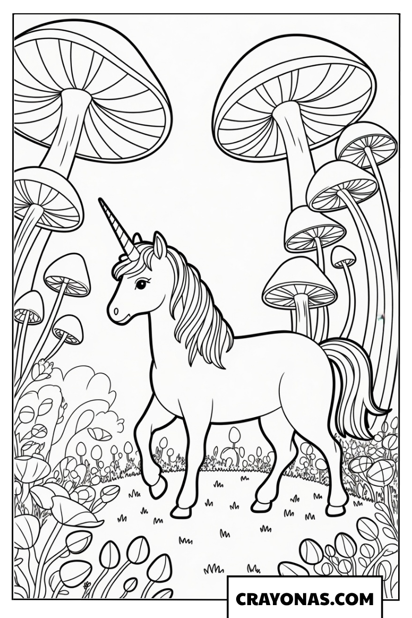 Unicorn in Mushroom Forest Coloring Page