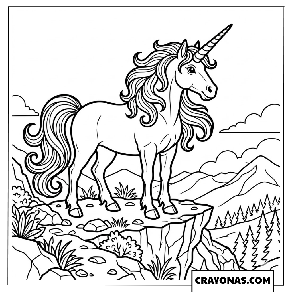 Unicorn on Cliff Coloring Page