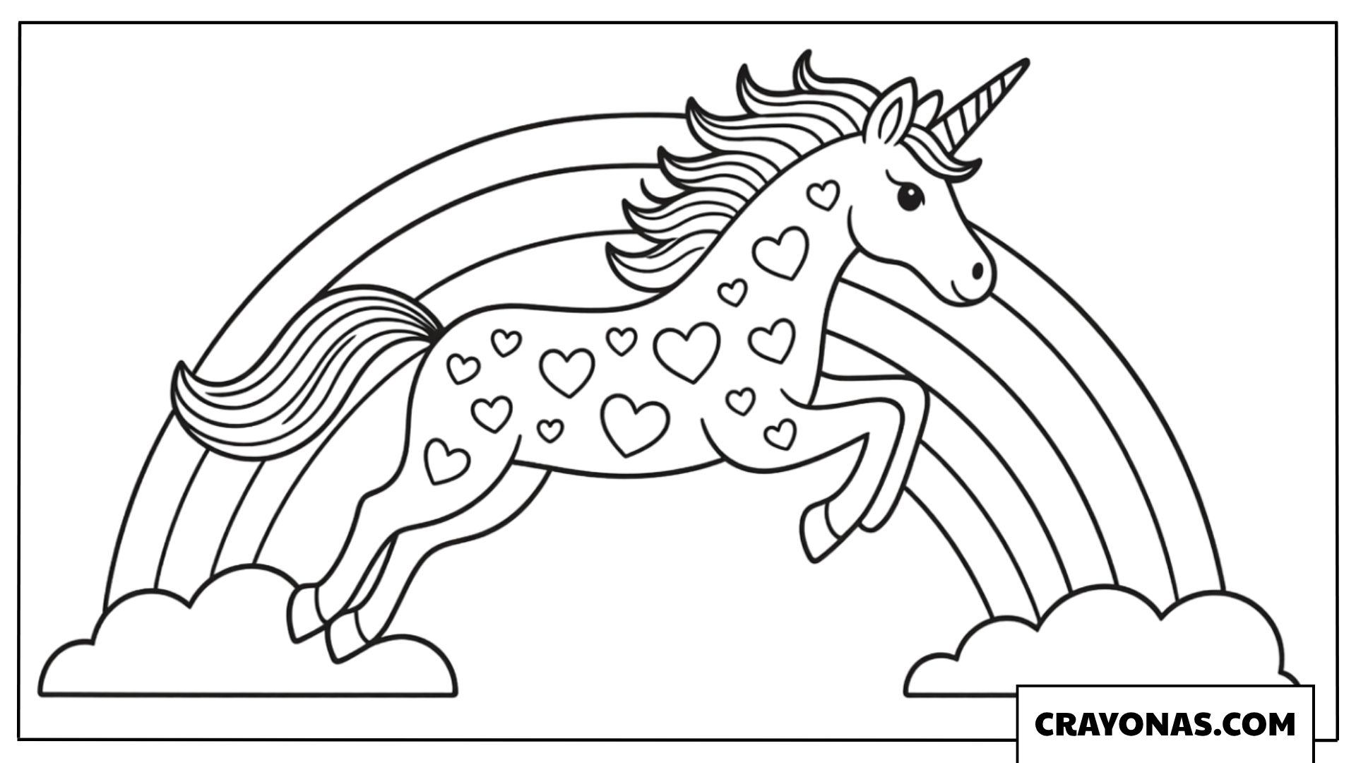 Unicorn with Hearts and Rainbow Coloring Page