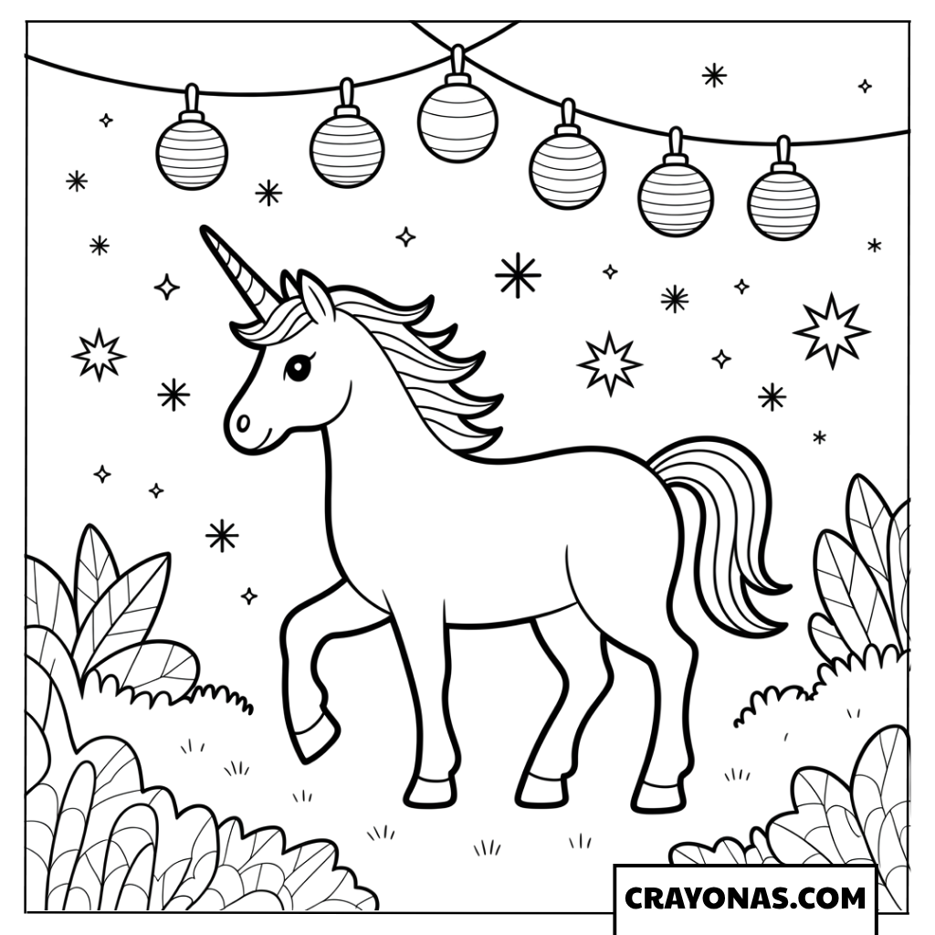 Unicorn with Lanterns Coloring Page
