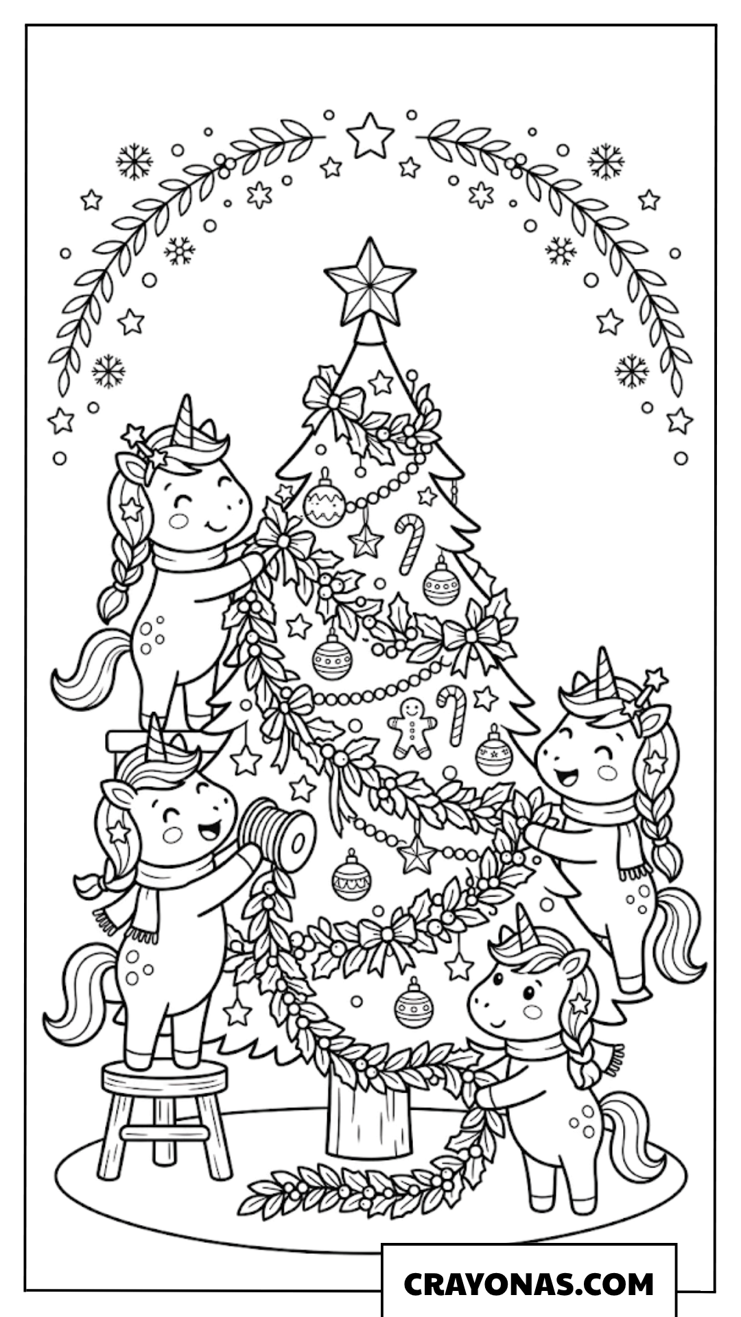 Unicorns Decorating Christmas Tree Coloring Page
