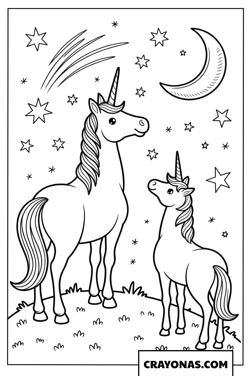 Unicorns Under Starry Sky Coloring Page