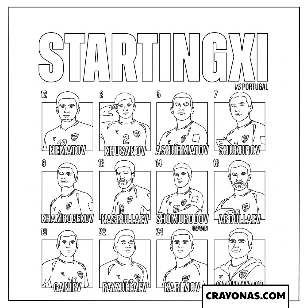 Uzbekistan National Team Starting Lineup Coloring Page