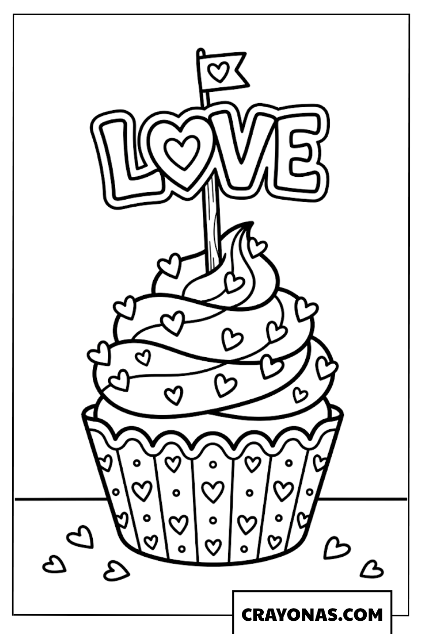 Valentine Love Cupcake Coloring Page