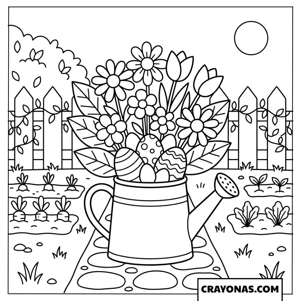 Watering Can with Easter Eggs and Flowers Coloring Page