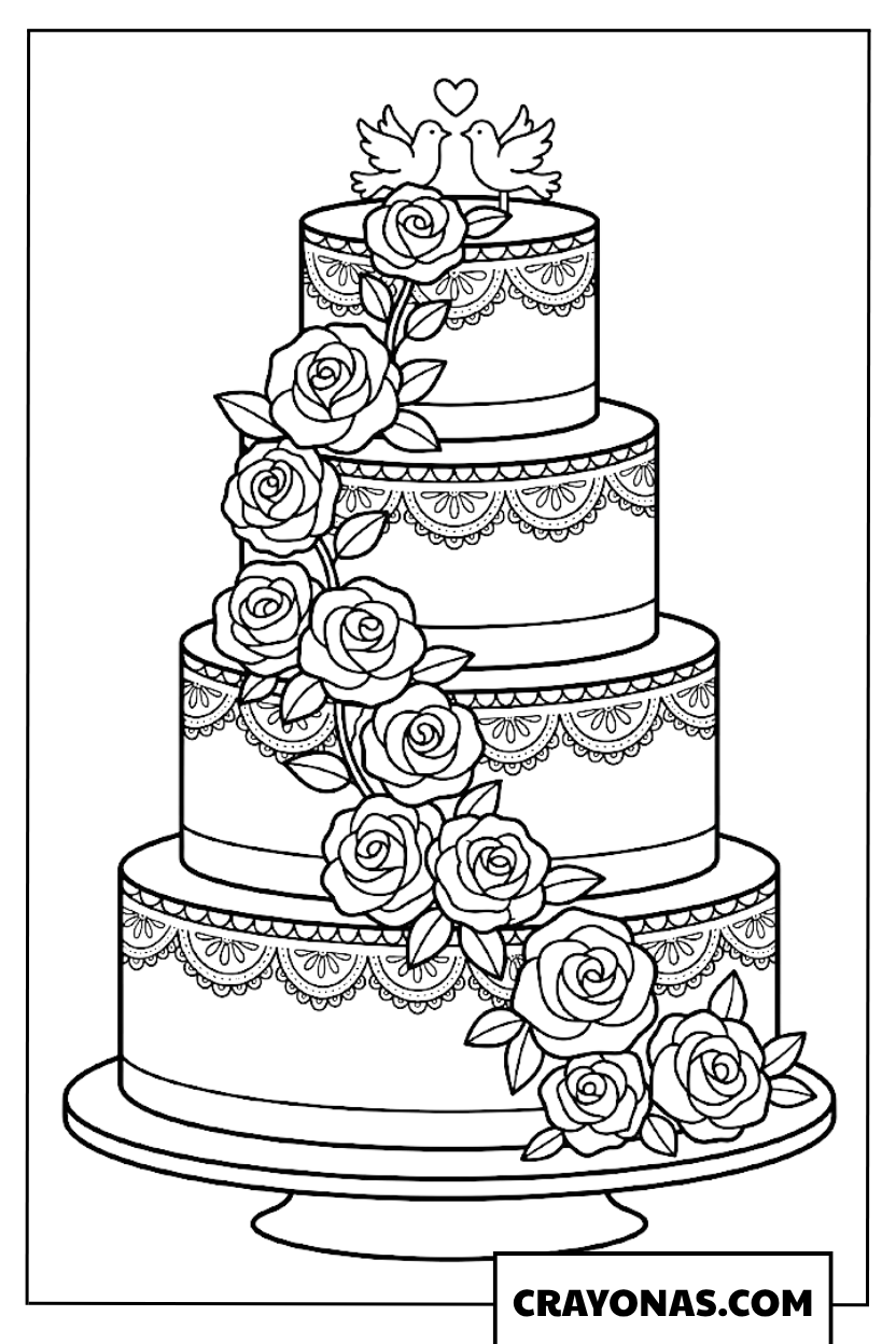 Wedding Cake with Roses Coloring Page
