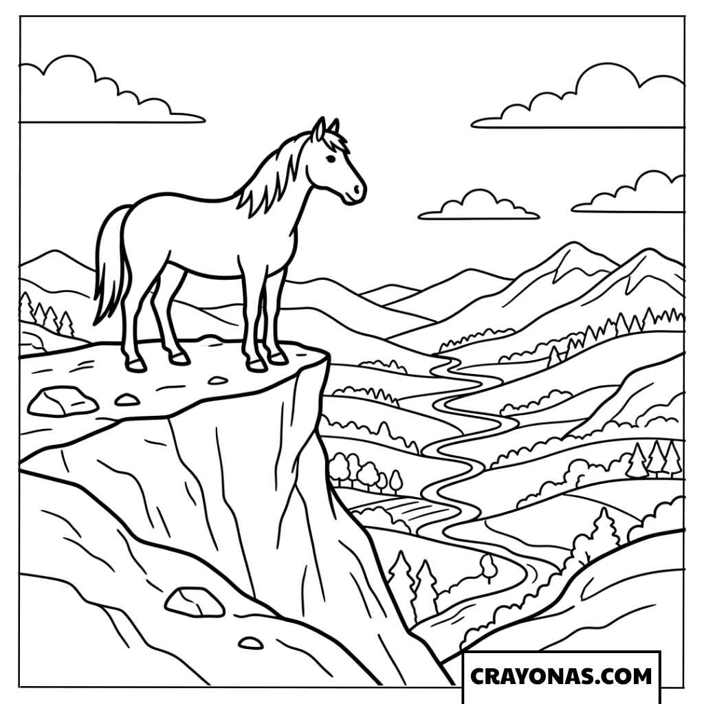 Wild Horse on Mountain Cliff Coloring Page