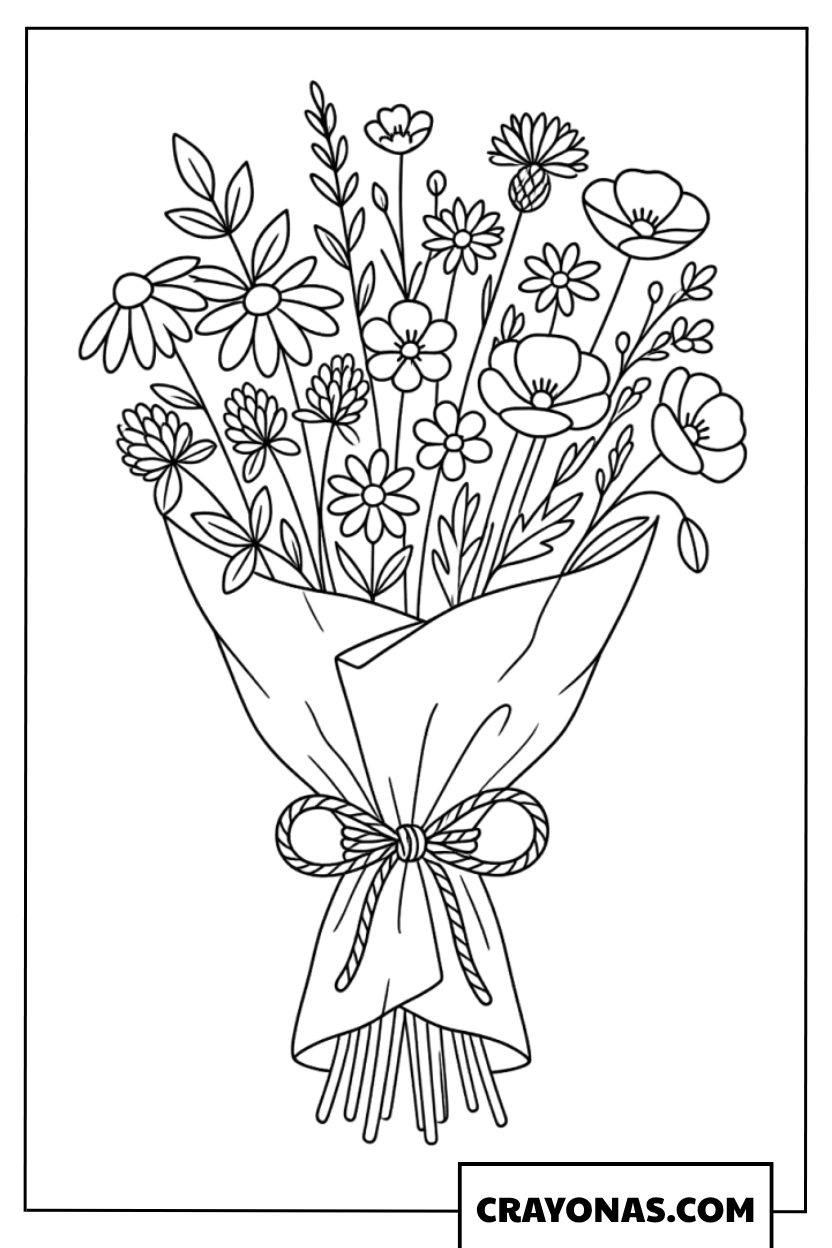 Wildflower Bouquet with Bow Coloring Page