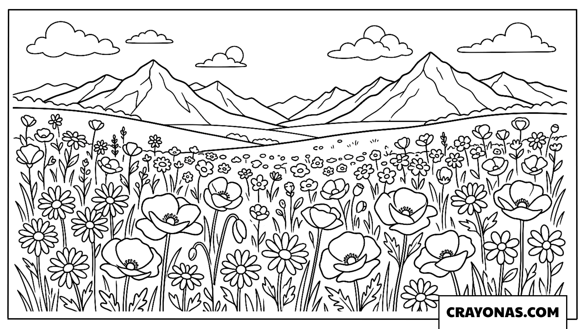 Wildflower Meadow with Mountains Coloring Page