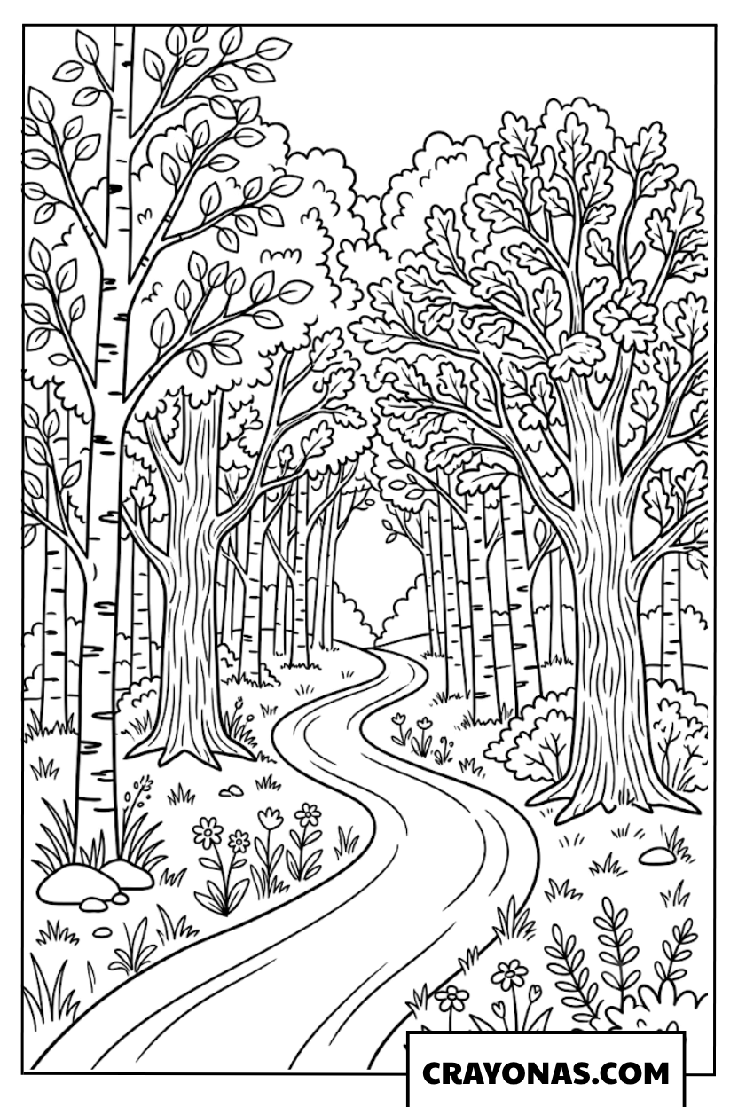 Winding Forest Path in Autumn Coloring Page
