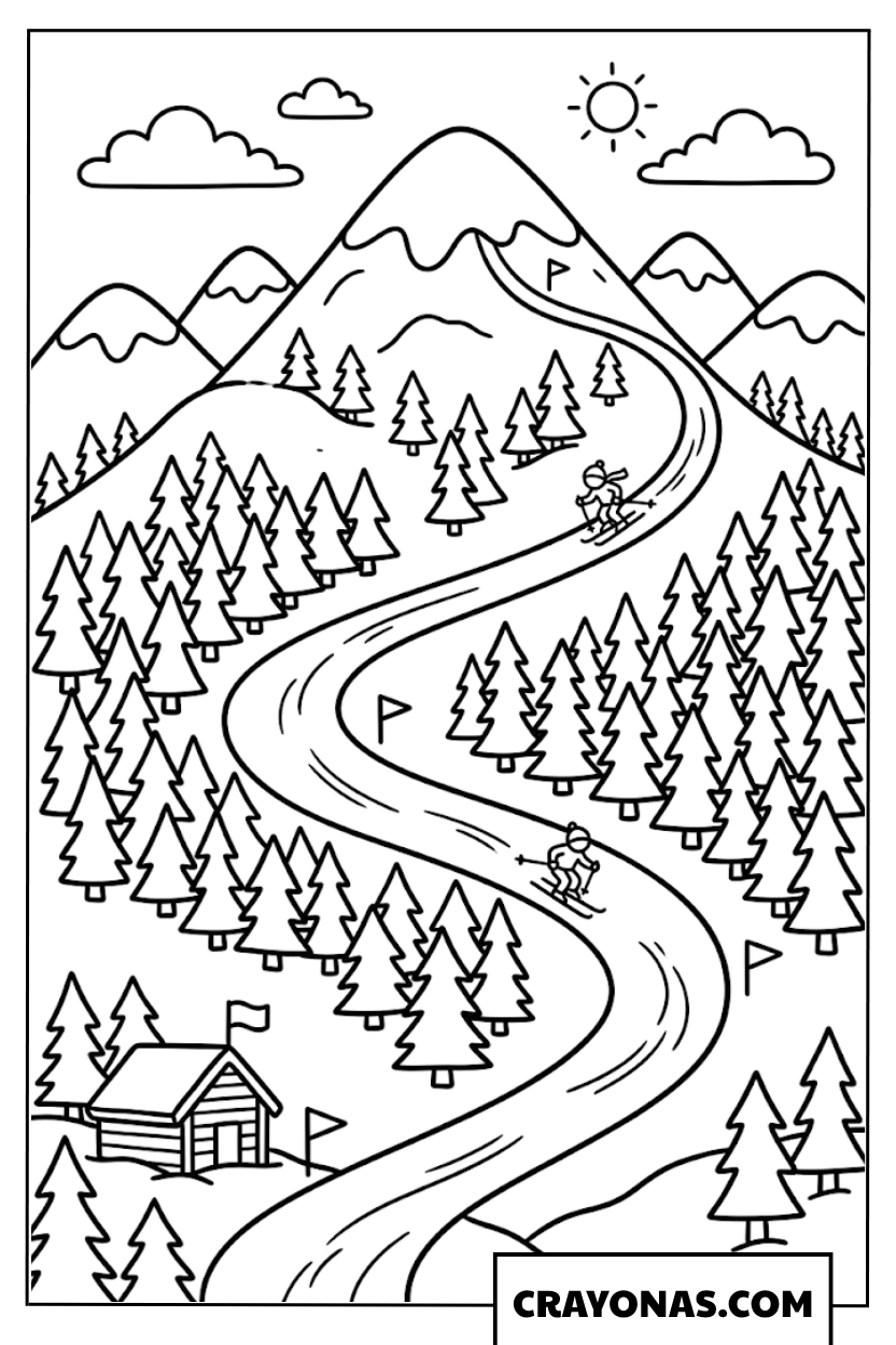 Winding Mountain Trail in Winter Coloring Page
