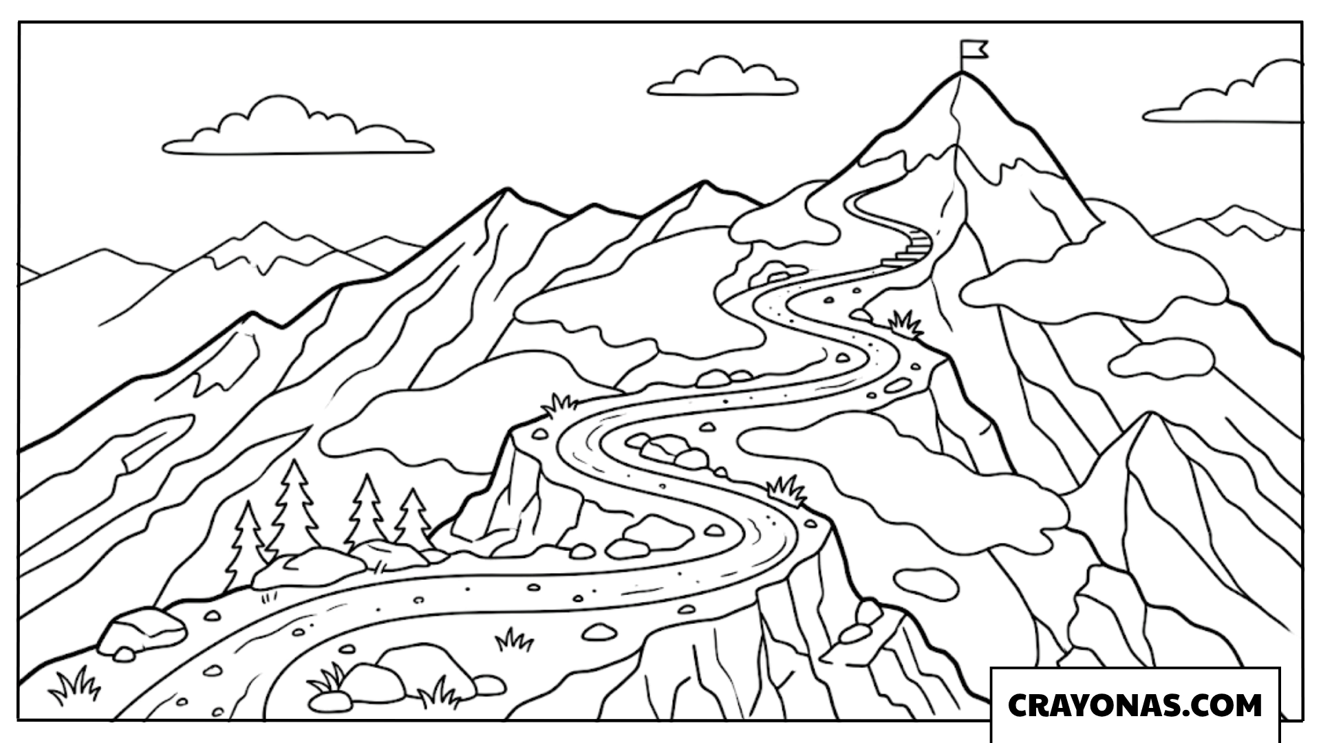 Winding River Through Snowy Mountains Coloring Page